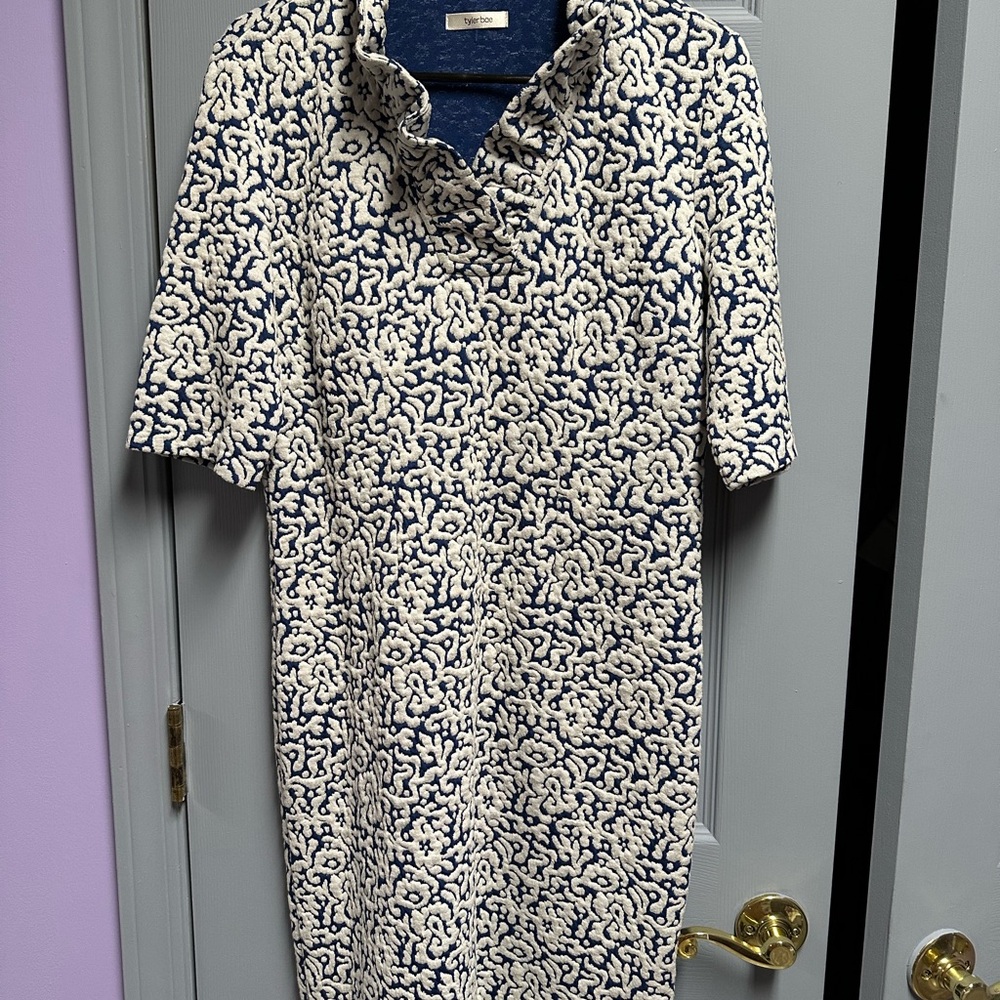 Tyler Boe Patterned Navy and White Midi Dress